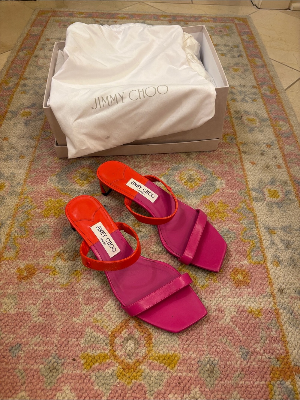 Jimmy Choo Pink and Orange Strappy Mid-Heel Sandals